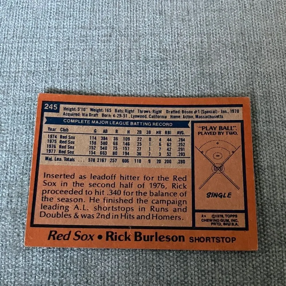 1978 Topps Boston Red Sox Baseball Card Trading Card